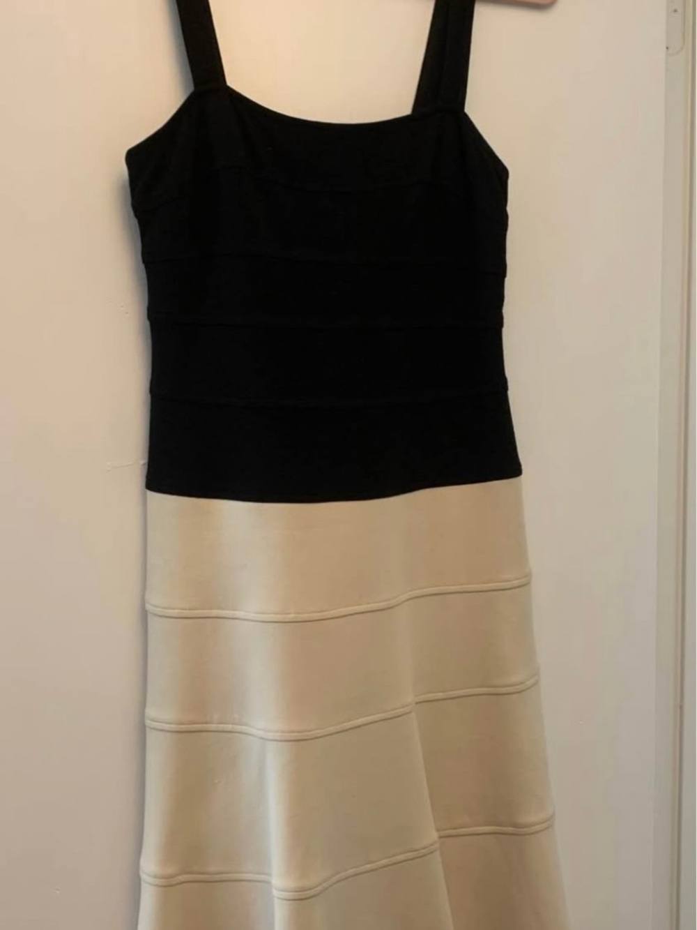 BCBGMaxAzria Black and Cream Striped Fit-and-Flare Midi Dress